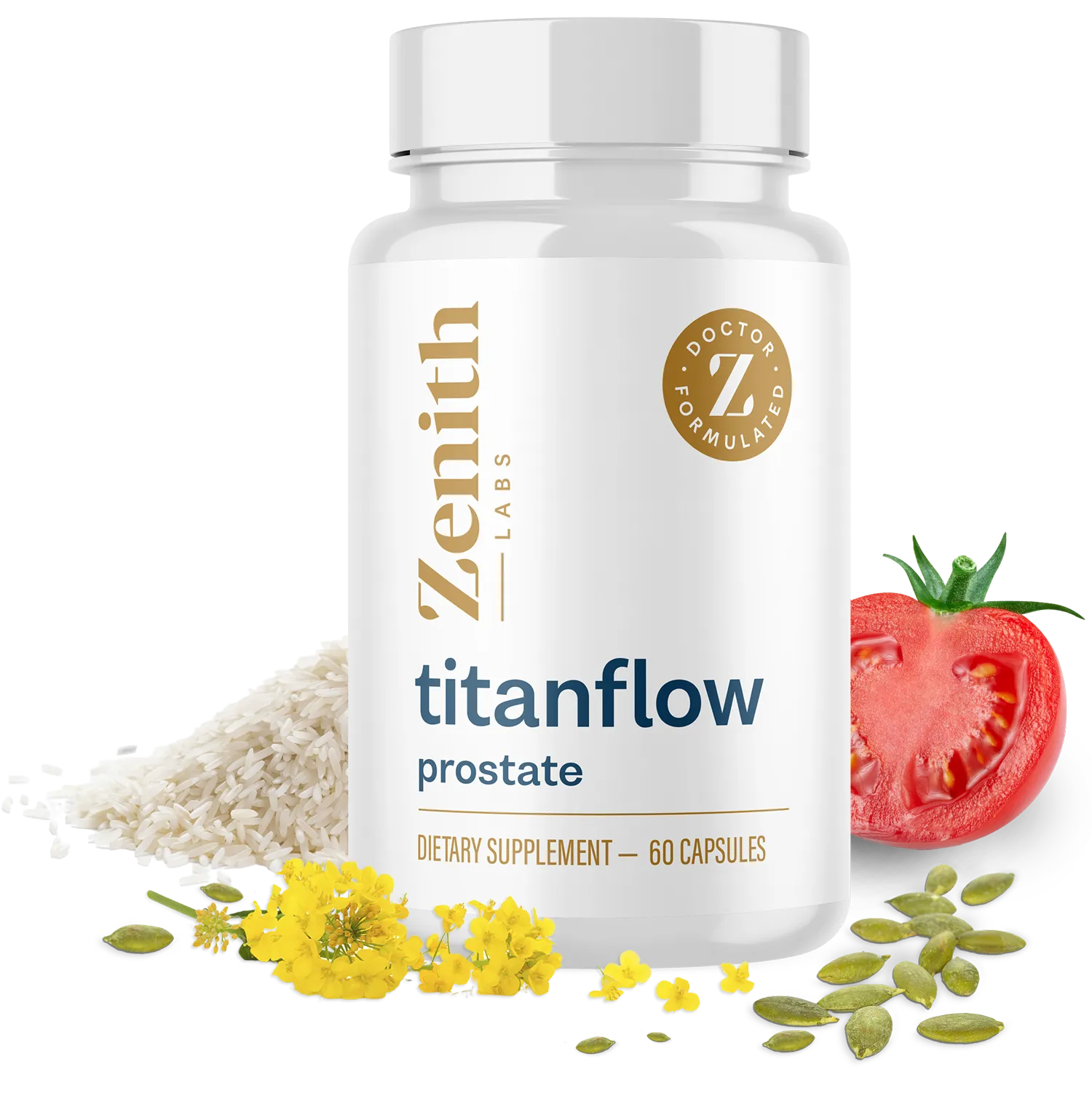 TitanFlow dietary supplement bottle with ingredient imagery
