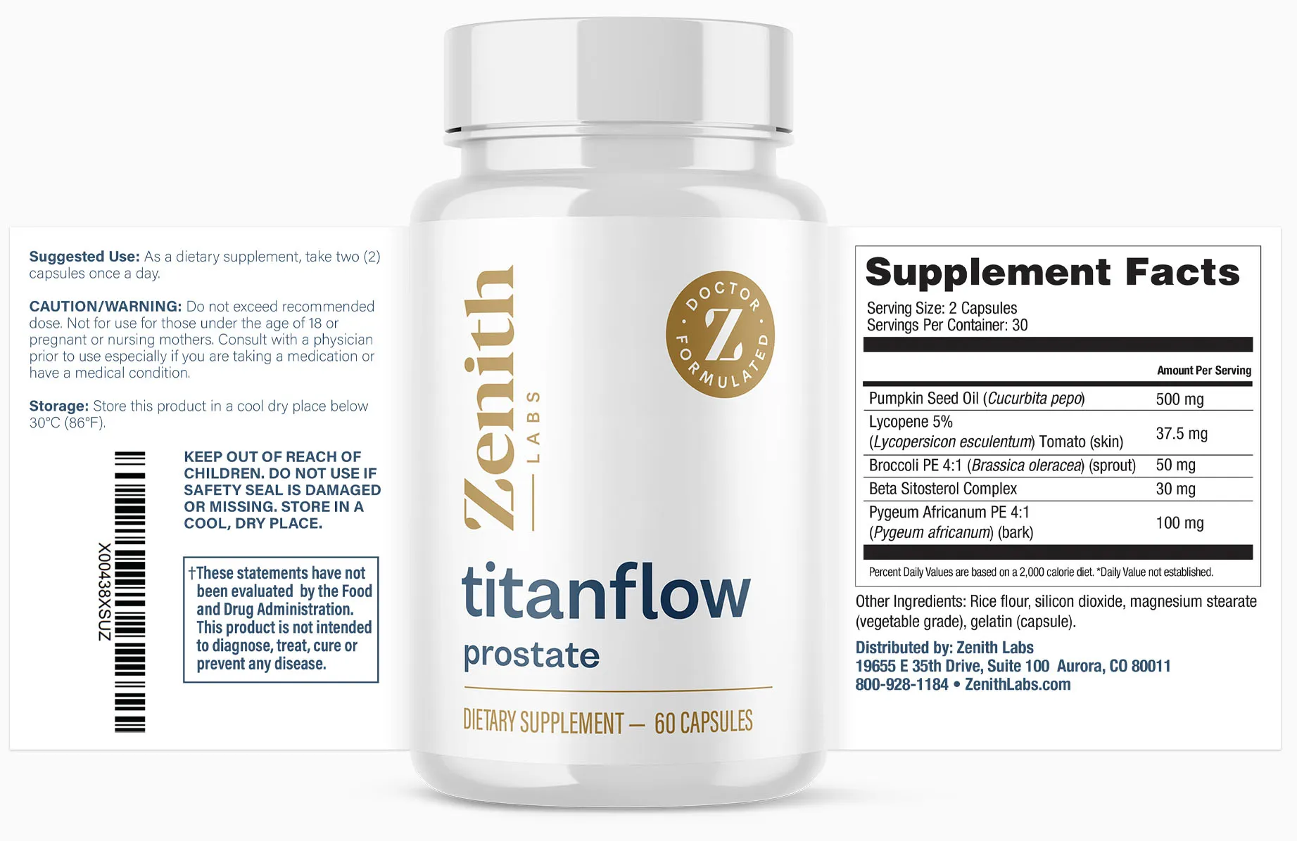 TitanFlow bottle with suggested use and Supplement Facts panels
