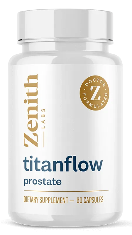 Front view of TitanFlow prostate dietary supplement bottle